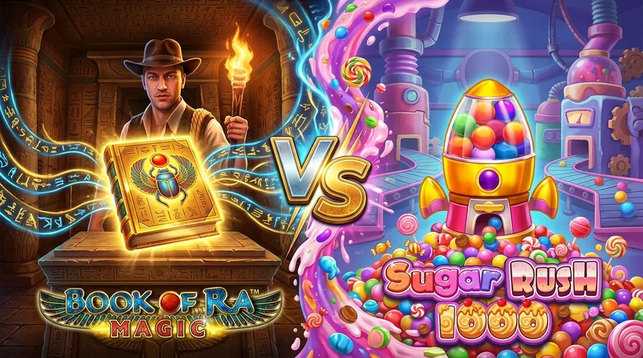 book-of-ra-magic vs sugar-rush-1000 Comparison Banner